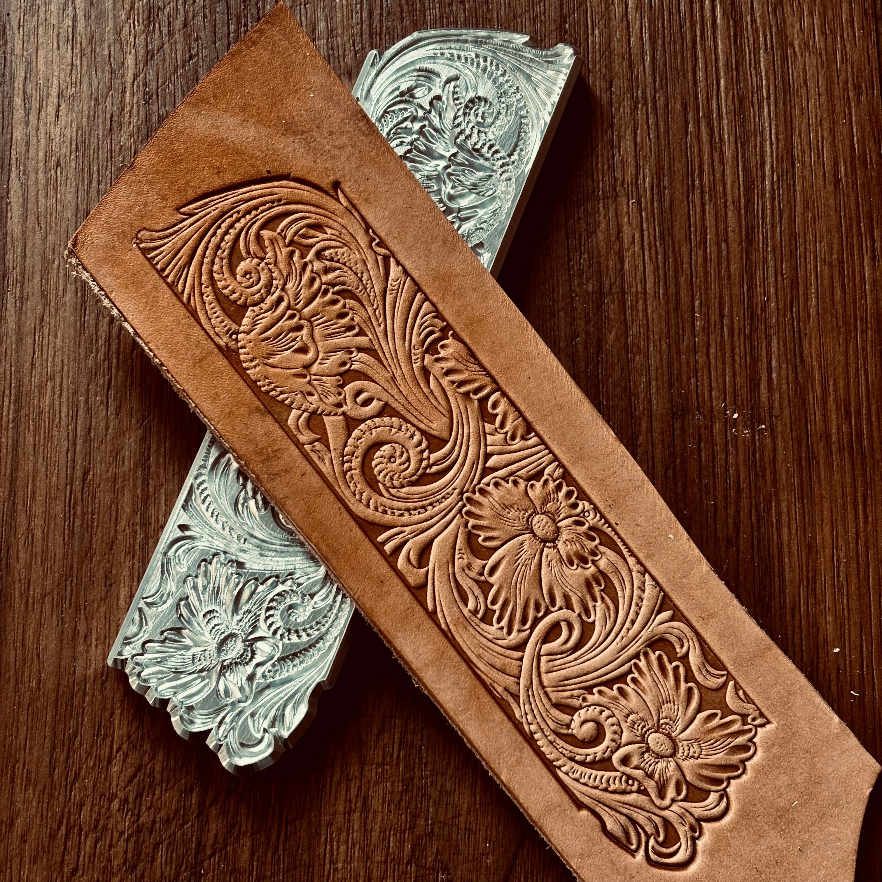 38x68mm 3D Floral Scroll Design Leather Embossing Mold Craving Belt Stamp